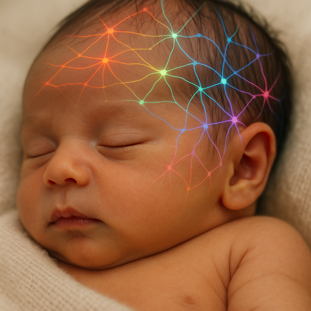 Sleeping newborn with brain overlay