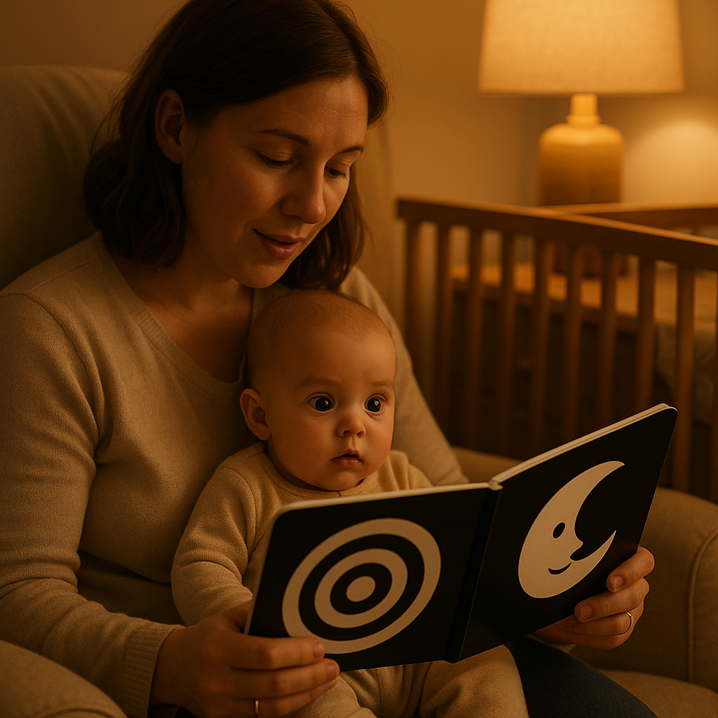 Parent reading board book to baby