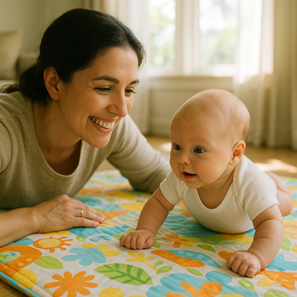 Mother smiling during tummy time